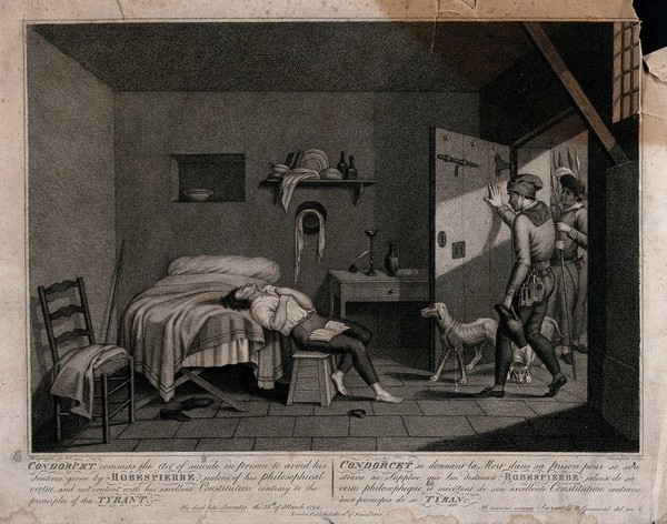 The gaoler opening the door of the prison cell to find Condorcet lying on his bed, having killed himself. Stipple engraving by G. Aliprandi after J.H. Fragonard.