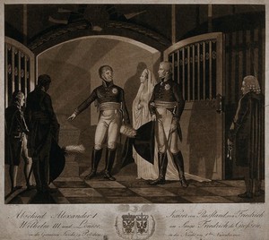 view Alexander I of Russia taking leave of Friedrich Wilhelm III and his wife, Luise von Mecklenburg-Strelitz, next to the tomb of Frederick the Great. Aquatint by J. Berka after S. Le Gros, 1806.