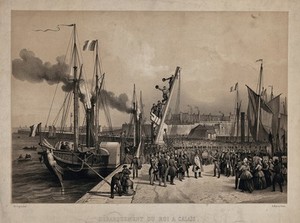 view The reception of King Louis Philippe after his disembarkation in the harbour of Calais. Lithograph by A. Mayer and V. Adam after E. Pingret, 1846.