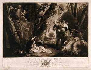 view Cyrus is discovered by a shepherd and a shepherdess while he suckles a dog. Mezzotint by R. Earlom after G.B. Castiglione.