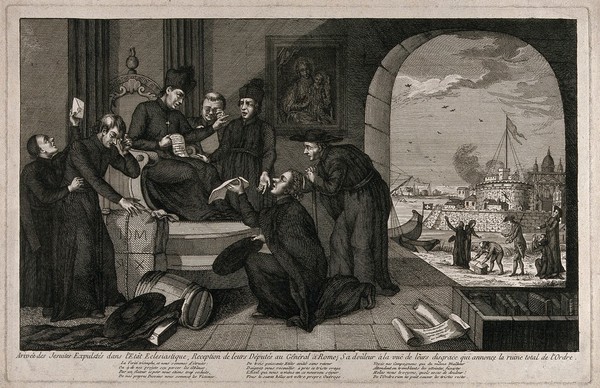 French Jesuits pleading with their General Deputy in Rome. Etching.