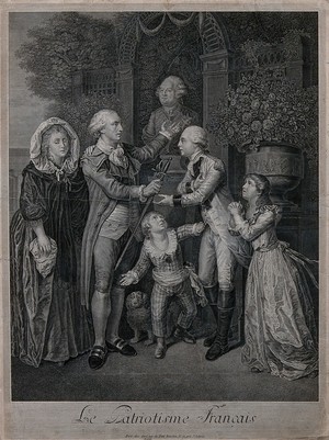 view A French nobleman handing his son a sword as the latter prepares to go and fight for the Americans in the American War of Independence. Line engraving by J.J. Avril after P.A. Wille, 1788.