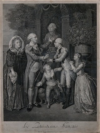 A French nobleman handing his son a sword as the latter prepares to go and fight for the Americans in the American War of Independence. Line engraving by J.J. Avril after P.A. Wille, 1788.
