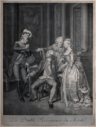 A French soldier returning from the American War of Independence is rewarded with the Order of Saint Louis and the hand of a rich man's daughter as his bride. Line engraving by J.J. Avril, 1784, after P.A. Wille.