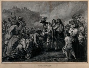 view King Charles II landing in Dover in 1660. Engraving by W. Sharp after B. West.