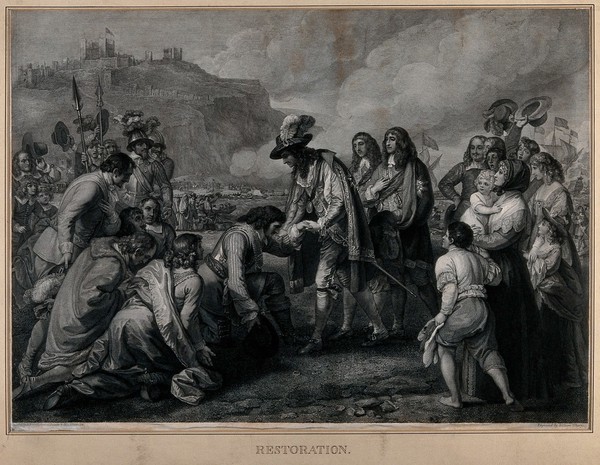 King Charles II landing in Dover in 1660. Engraving by W. Sharp after B. West.