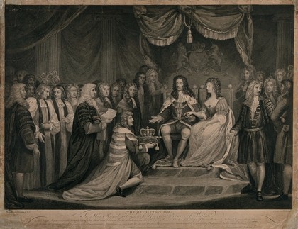 William of Orange, and Mary, his English wife are presented with the English crown by the Marquis of Halifax. Line engraving by J. Parker after J. Northcote, 1790.