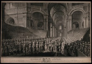 view A festive procession in honour of George III in St. Paul's Cathedral on St. George's day, led by George III. Line engraving by J. Neagle after E. Dayes.