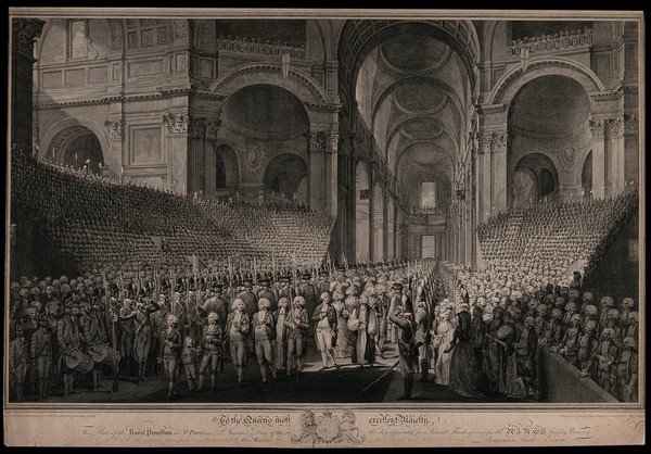 A festive procession in honour of George III in St. Paul's Cathedral on St. George's day, led by George III. Line engraving by J. Neagle after E. Dayes.