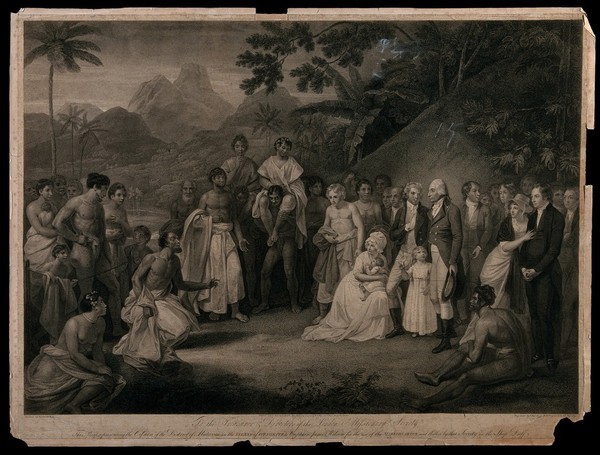 Tahitians kneeling before Captain James Wilson after the cession of the district of Matavai in Tahiti. Stipple engraving with etching by F. Bartolozzi after R. Smirke.