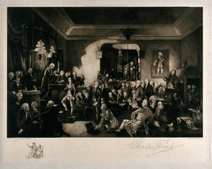 view Meeting of the Freemason's lodge in which the members perform elaborate secret rituals. Etching by C. Ewart after S. Watson.