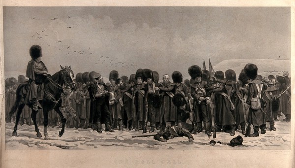 Crimean War: a soldier collapses during a roll-call in snowy weather. Mezzotint by W.T. Hulland, 1882, after E. Thompson, 1874.