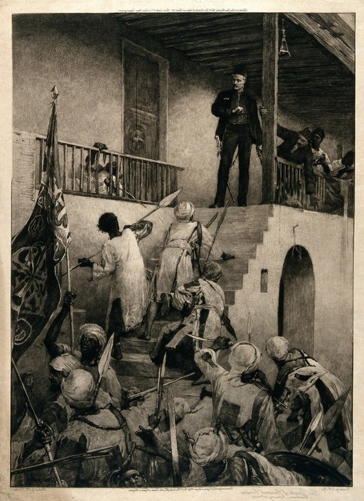 General Charles G. Gordon is standing on the stairs of his house about to be speared by dervishes. Etching by H. Dicksee after G. W. Joy.