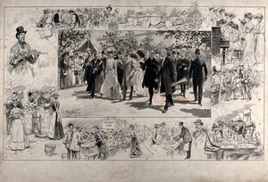 view A charity dinner attended by King Edward VII and Queen Alexandra. Pen and ink drawing by F. Scott.