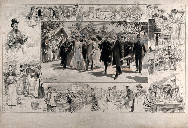 A charity dinner attended by King Edward VII and Queen Alexandra. Pen and ink drawing by F. Scott.