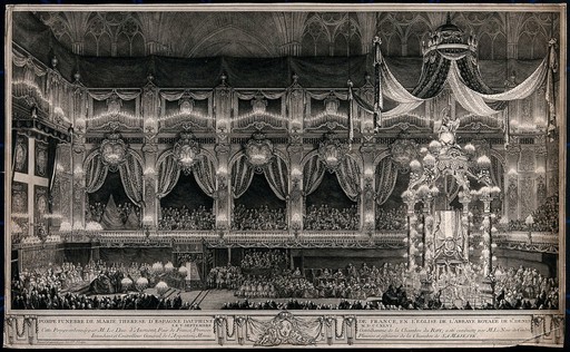 The funeral procession of Marie Therese of Spain in St. Denis in Paris in 1746. Etching by C.N. Cochin after Slodtz.