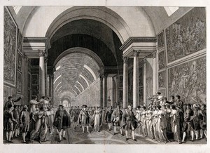 view A festive procession led by Napoleon Bonaparte through the galleries of the Louvre passes jubilant courtiers. Etching by H. Reinhold after B. Zix, 1811.