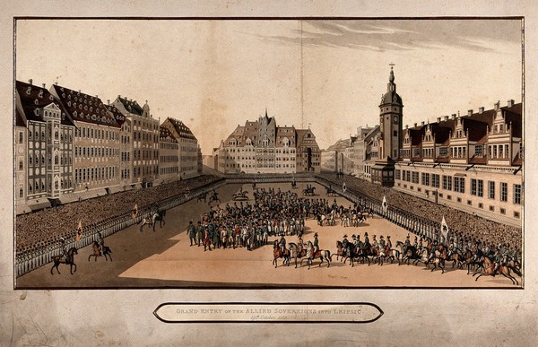 The entry of the Allied sovereigns into Leipzig. Coloured aquatint.