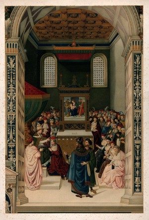 view Aeneas Silvius Piccolomini receiving the cardinal's hat. Chromolithograph after E. Kaiser after Pinturicchio.