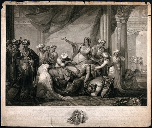 The body of Tippu Sultan is laid out and mourned by a woman and servants. Stipple engraving by L. Schiavonetti, 1801, after R.K. Porter.