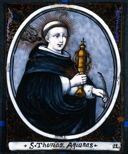 Saint Thomas Aquinas holding a monstrance and a quill. Painted plaque.