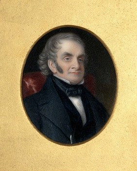 A man designated as "Doctor Robins, head surgeon of the London Hospital"; head and shoulders. Miniature, ca. 1830.