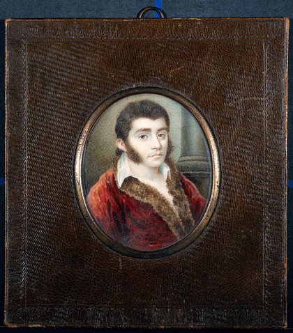 A man, head and shoulders, wearing a red jacket. Gouache painting.