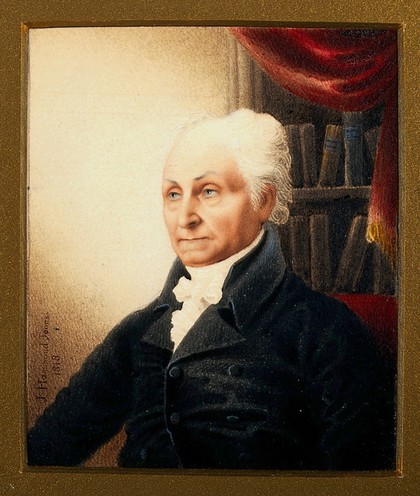 John Sherwen, head and shoulders; shelves with books in the background. Gouache by J. Hammond Jones, 1818.