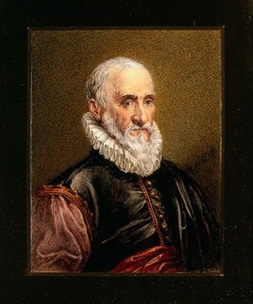 Ambroise Paré, head and shoulders. Gouache.