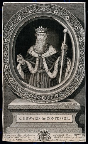 view King Edward the Confessor, holding a ring and a sceptre. Engraving by J. Smith, 1732.