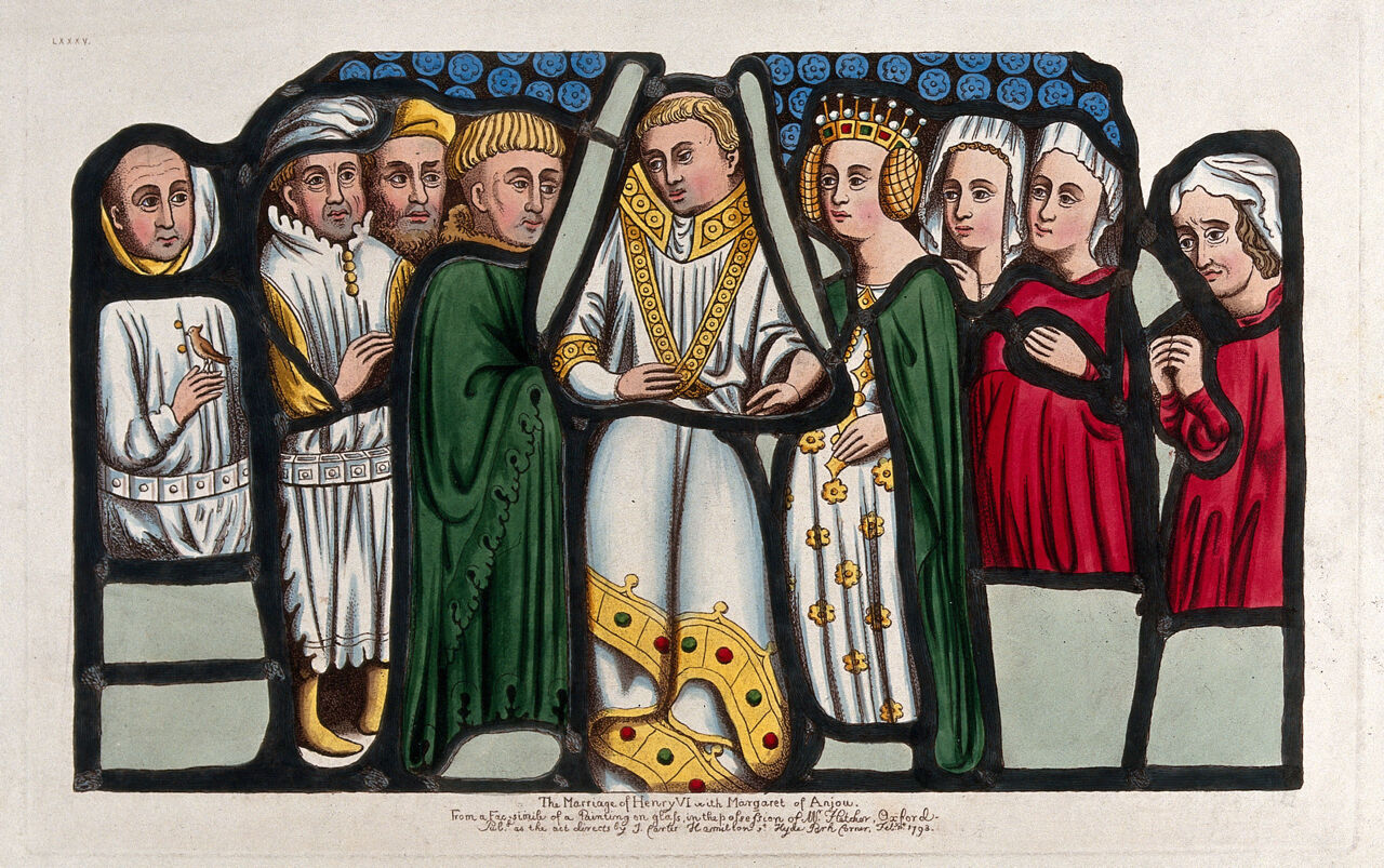The marriage of Henry VI and Margaret of Anjou. Coloured etching by John Carter, 1793., Feb.y 1st 1793, by John Carter