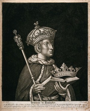 view King Henry VI, holding a sceptre and a book. Etching by J. Bretherton after T. Orde, 17--.