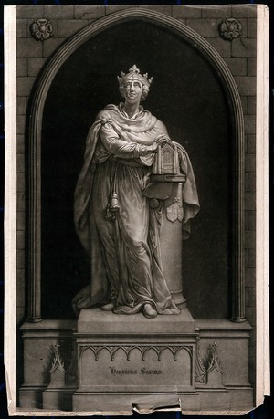 view King Henry VI, with his hands clasped above Eton College chapel. Mezzotint by W. Pether after J. Bacon.