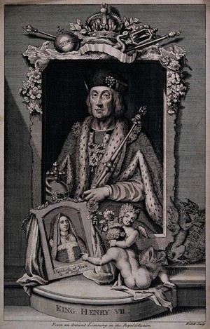 view King Henry VII, holding a sceptre and an orb; below, Elizabeth of York and two putti holding roses. Engraving by J. Hulett, ca. 1750.