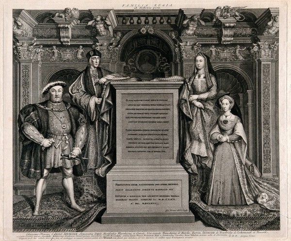 King Henry VIII and Jane Seymour, King Henry VII and his wife Elizabeth of York. Engraving by G. Vertue after R. van Leemput after H. Holbein.