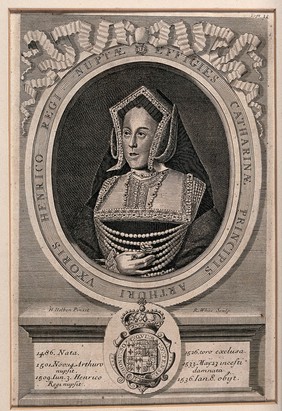 Queen Catherine of Aragon, head and shoulders, in a medallion; below, a coat of arms. Engraving by R. White after H. Holbein the Younger, ca. 1700.