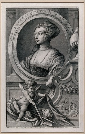 Anne Boleyn, head and shoulders, in a roundel; below, a putto holding a torch downwards, Anne Boleyn's head and an axe. Engraving by J. Houbraken, 1738, after H. Holbein the younger.