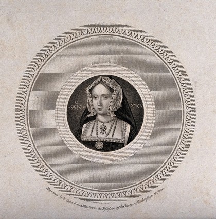 Jane Seymour, in her 25th year. Engraving by R. Cooper after H. Holbein the younger, 18--.