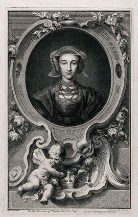 Queen Anne of Cleves, head and shoulders, in a rococo medallion; below, putti seated next to a crown. Engraving by J. Houbraken after H. Holbein the younger, 1740.