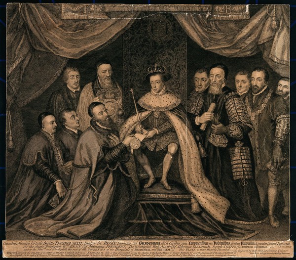 King Edward VI, seated on a throne, presenting the Charter of Bridewell Hospital to the Lord Mayor and Aldermen of London. Engraving by G. Vertue after H. Holbein, 1750.