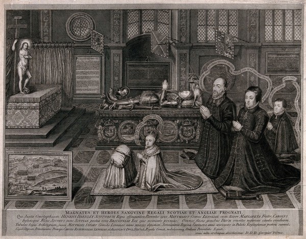 King James VI of Scotland and I of England as a child, kneeling in front of an altar next to the tomb of his father, with his family behind him on the right. Engraving by G. Vertue, ca. 1743, after L. de Vogelaare.