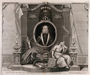 view Lady Jane Grey, head and shoulders, in a medallion, above an empty throne; in the foreground, a woman holding a coat of arms mourns her. Engraving by G. Vertue, 1748.