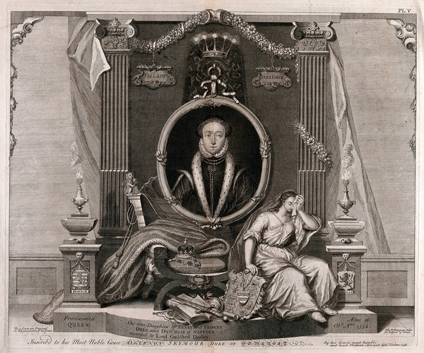 Lady Jane Grey, head and shoulders, in a medallion, above an empty throne; in the foreground, a woman holding a coat of arms mourns her. Engraving by G. Vertue, 1748.
