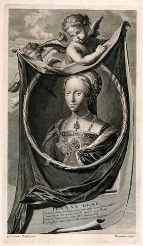 Lady Jane Grey: her portrait in a medallion before a shroud held by two putti . Engraving by C. Vermeulen after A. van der Werff, ca. 1730.