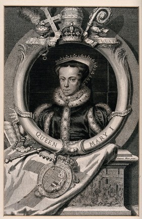 Queen Mary I of England, head and shoulders, in a medallion. Engraving by G. Vertue, 1736, after H. Eworth.