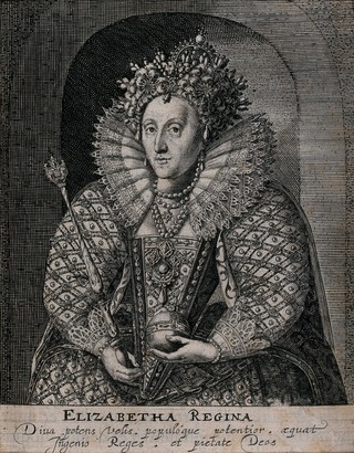 Queen Elizabeth I, holding a sceptre and an orb, wearing the dress she customarily wore at the opening of Parliament. Engraving after I. Oliver, 1620.