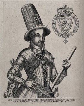 King James I of England and VI of Scotland, as King of Scotland. Engraving, 18-- (?) after R. Elstrack.