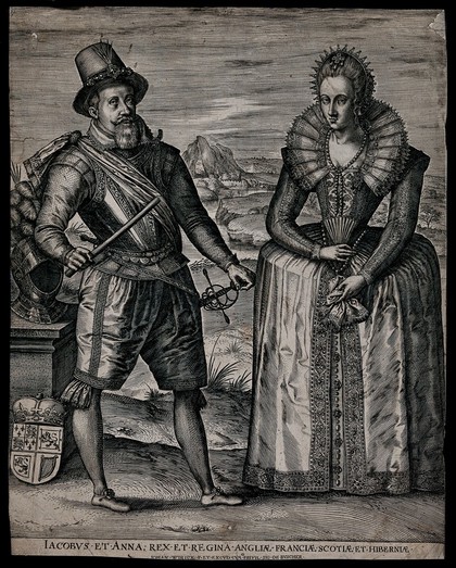King James I of England and VI of Scotland, and his consort Anne of Denmark, in a landscape. Engraving by J. Wierix, 161-.