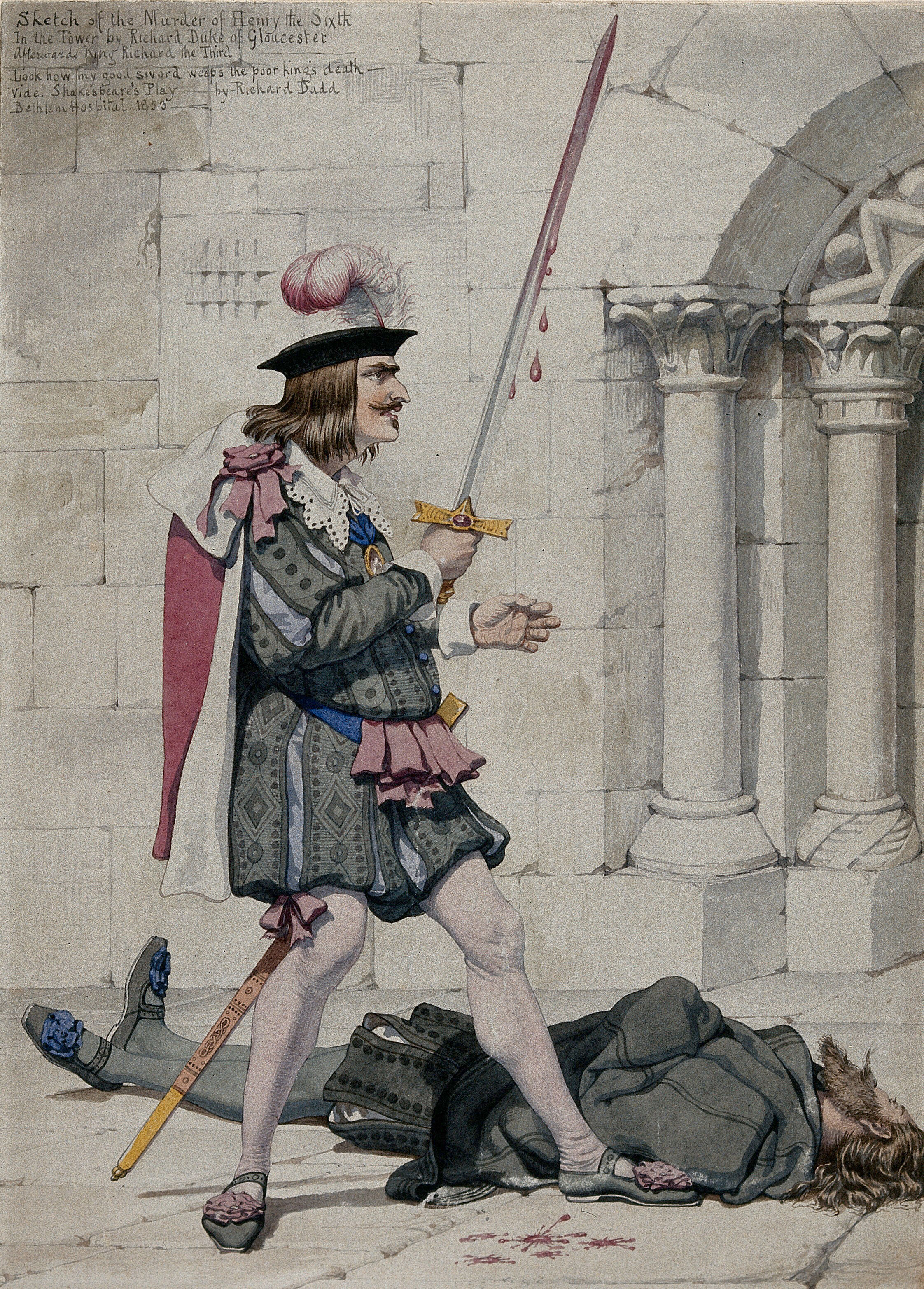 King Richard III holds a bloody sword, the dead body of King Henry VI lies  on the ground. Watercolour by Richard Dadd, 1853. | Wellcome Collection