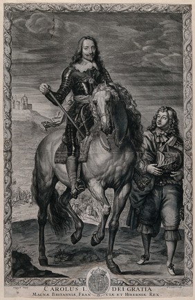 King Charles I on horseback wearing armour, a page at his side is holding his helmet; battle in the background. Engraving by P. Lombart,  166-, after A. Van Dyck.
